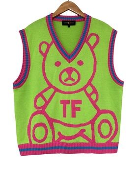 Teddy Fresh Neon Lime & Hot Pink Teddy Knit Vest Size L